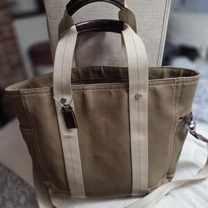 Coach Khaki Canvas Messenger Tote with Cream Webbing